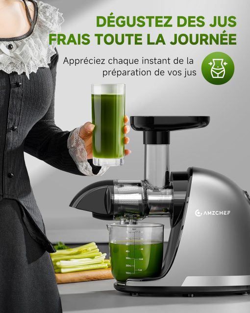 AMZCHEF Extracteur Jus - Extracteur de Jus de Fruits et Légumes - Presses-agrumes à Froid sans BPA avec 2 Tasses et Brosse - Fonction de Mastication Inversée pour éviter les Blocages - Argent - Image 39