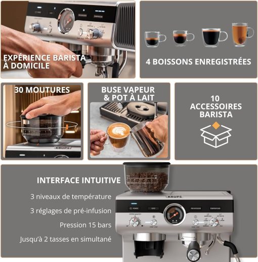 Krups Virtuoso+, Machine expresso, Machine a cafe à pompe, expresso machine a cafe moulu ou dosettes, 15 bars, Inox, Buse vapeur, Espresso et cappuccino, XP444G10 - Image 12
