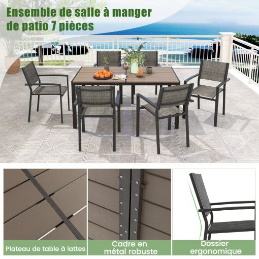 Ensemble de Meubles de Patio 7 Pièces pour 6 Personnes Salon de Jardin avec 6 Chaises Empilables et Table Rectangulaire Gris - Image 3