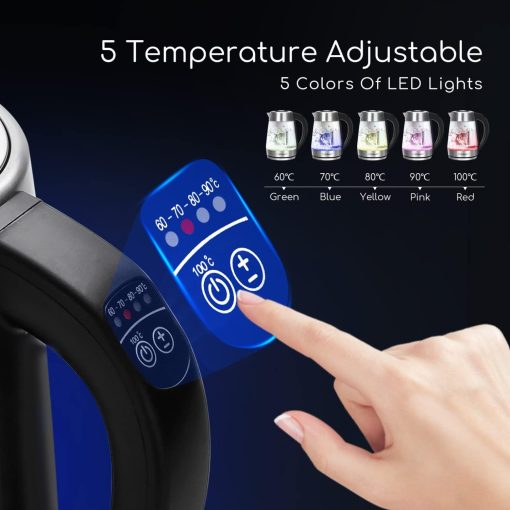 Aigostar Cris - Bouilloire en verre Température Réglable 2200W, 1.7L. Thermostat Réglable (60 à 100oC) et fonction maintien au chaud, Filtre à thé amovible, éclairage LED de couleurs, Sans BPA. - Image 2