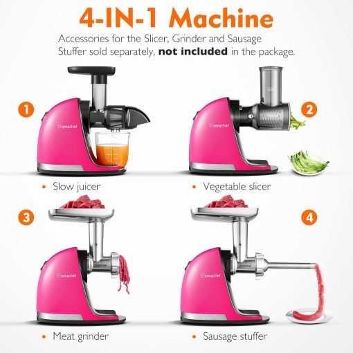 AMZCHEF Extracteur Jus - Extracteur de Jus de Fruits et Légumes - Presses-agrumes à Froid sans BPA avec 2 Tasses et Brosse - Fonction de Mastication Inversée pour éviter les Blocages - Argent - Image 44
