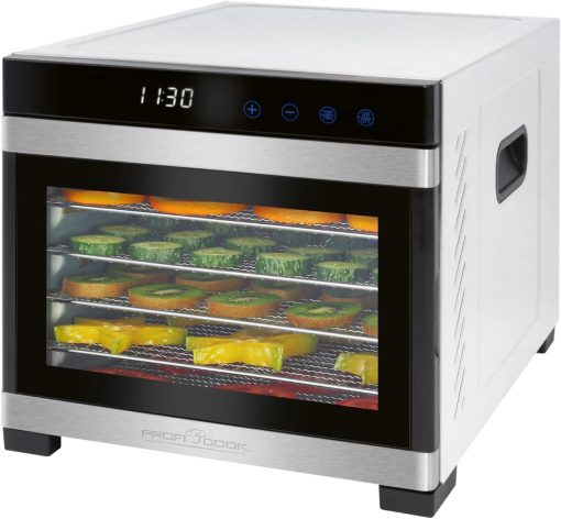 ProfiCook PC-DR 1218 Déshydrateur automatique en acier inoxydable, grand espace intérieur pour une utilisation jusqu'à 6 étages, bo?tier en acier inoxydable, thermostat numérique inclus