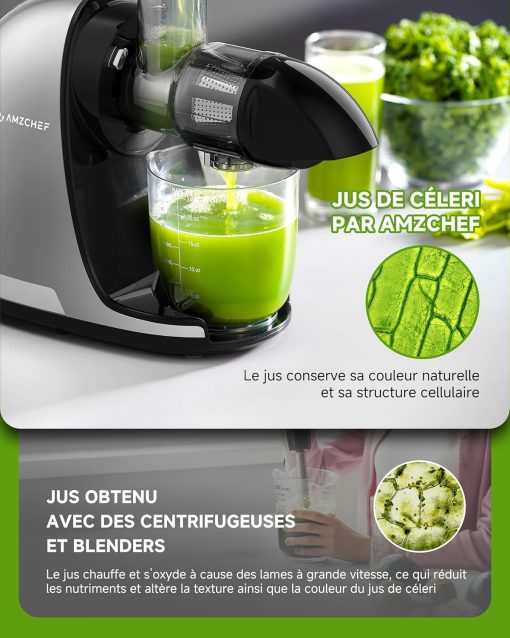 AMZCHEF Extracteur Jus - Extracteur de Jus de Fruits et Légumes - Presses-agrumes à Froid sans BPA avec 2 Tasses et Brosse - Fonction de Mastication Inversée pour éviter les Blocages - Argent - Image 37