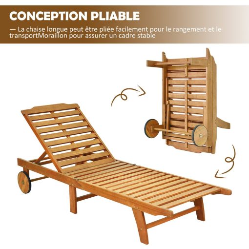 Chaise Longue Pliable en Bois avec 2 Roues et un Coussin Amovible Dossier Réglable Capacité Portante 160KG Idéal pour L’extérieur - Image 8