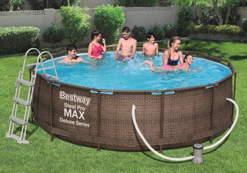 Bestway Power Steel Deluxe Piscine tubulaire ronde avec cadre en acier solide Kit complet Aspect rotin 366 x 100 cm, Marron - Image 2