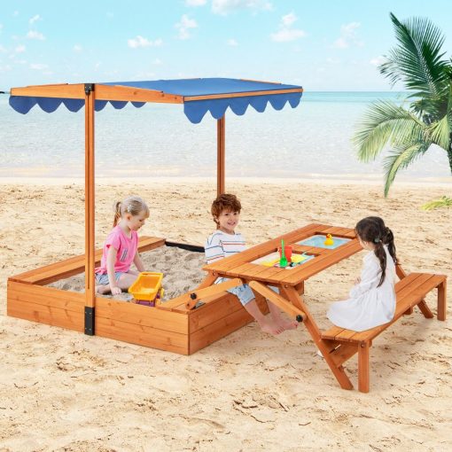 Bac à Sable en Bois pour Enfants avec Couvercle Aire de Jeux avec Table Sensorielle Pliable & Banc Parasol Ajustable pour 3+ Ans Naturel - Image 2