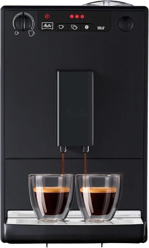 Melitta Caffeo Solo Noir Pure Black, Machine à Café à Grains avec Broyeur et Système d'Extraction des Ar?mes, Affichage LED, Mode 1 à 2 Tasses, Cafetière Expresso, Automatique, E950-222, 1400W
