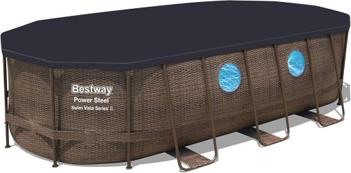 Bestway 56946 Piscine Power Steel? Swim Vista ovale 488 x 305 x 107 cm motif rotin avec hublots, filtration à sable, échelle, bache et diffuseur Chemconnect? - Image 16
