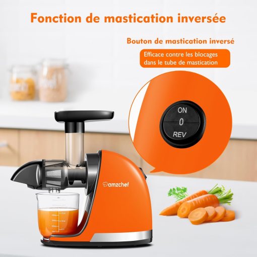 AMZCHEF Extracteur Jus - Extracteur de Jus de Fruits et Légumes - Presses-agrumes à Froid sans BPA avec 2 Tasses et Brosse - Fonction de Mastication Inversée pour éviter les Blocages - Argent - Image 53