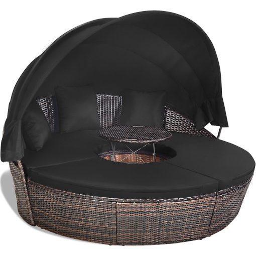 Lit de Jardin Rond d'Exterieur Table Relevable Modulable & Convertible - Pare Soleil Réglable rotin PE Coussins Inclus  Noir - Image 5