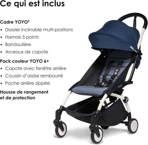 Poussette BABYZEN YOYO2 6+ (Cadre noir + pack couleur Aqua) - Comprend un harnais, un dossier, des arceaux de capote, une bandoulière, un coussin d’assise, et une capote assortie - Image 29