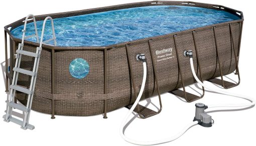 Bestway 56946 Piscine Power Steel? Swim Vista ovale 488 x 305 x 107 cm motif rotin avec hublots, filtration à sable, échelle, bache et diffuseur Chemconnect? - Image 3