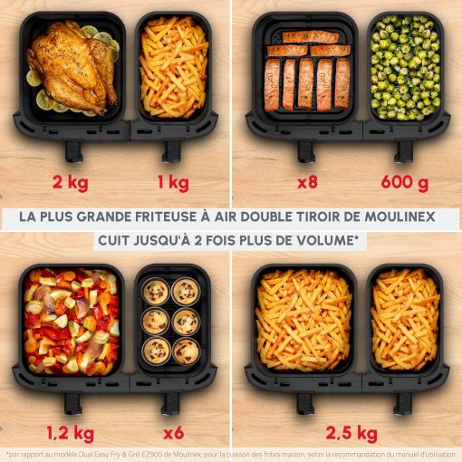 Moulinex air fryer two compartments, large capacity 8.3L, 8 people, 7 automatic programs, oil-free fryer, digital touch screen, Dual essential stainless steel, EZ901820, Black - Image 17