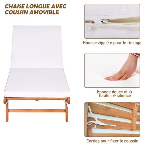 Chaise Longue Pliable en Bois avec 2 Roues et un Coussin Amovible Dossier Réglable Capacité Portante 160KG Idéal pour L’extérieur - Image 5