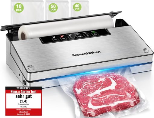 Bonsenkitchen Food Vacuum Sealer Machine, 5 Modes-8L/min, Globefish Technology for Continuous Work at High Speed, Includes 100 Vacuum Bags and 1 Roll Bag
