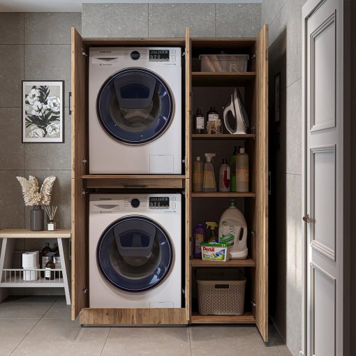 ROOMART Dora - Armoire de machine à laver - Pour sèche-linge et machine à laver - En 4 couleurs - Avec portes et panneau coulissant - Blanc - Chêne blanc - Chêne anthracite - Chêne blanc (chêne blanc) - Image 49