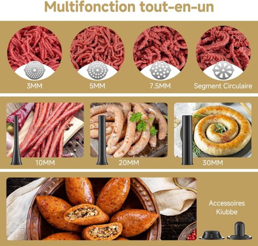 AOBOSI 4-in-1 Meat Grinder Electric Meat Grinder with 4 Stainless Steel Cutting Plates, 1 Kubbe and 3 Sausage Filling Tubes, Motor [3000w Max], Mincer with 2 Blades. - Image 10