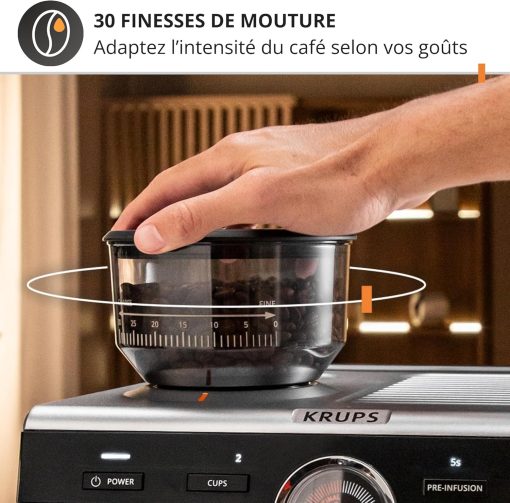 Krups Virtuoso+, Machine expresso, Machine a cafe à pompe, expresso machine a cafe moulu ou dosettes, 15 bars, Inox, Buse vapeur, Espresso et cappuccino, XP444G10 - Image 7