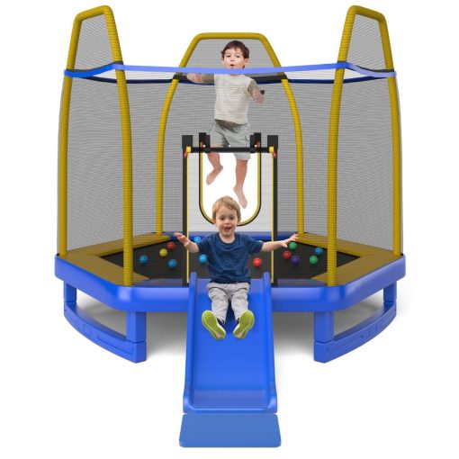 Trampoline Extérieur ? 223cm avec Toboggan&Echelle avec Filet de Sécurité 2 Portes en U Charge 270kg pour 2-3 Enfants de 3 Ans+ Bleu/Vert - Image 2