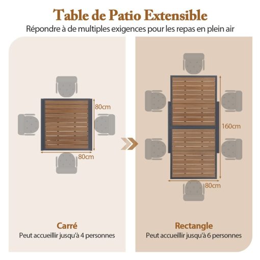 Table de Jardin Extensible en Aluminium Ajustable de 80 à 160 CM Table à Manger Extérieure Rectangulaire pour 4-6 Personnes Naturel - Image 8