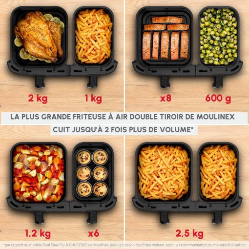 Moulinex air fryer two compartments, large capacity 8.3L, 8 people, 7 automatic programs, oil-free fryer, digital touch screen, Dual essential stainless steel, EZ901820, Black - Image 30