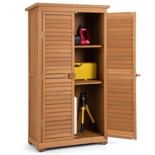 Abri de Jardin En Bois 160 Cm Toit en Asphalte 2 Portes Verrouillables avec Loquet Armoire Cabane en Sapin Pré-Huilé Imperméable 3 étagères Amovibles Naturel - Image 4