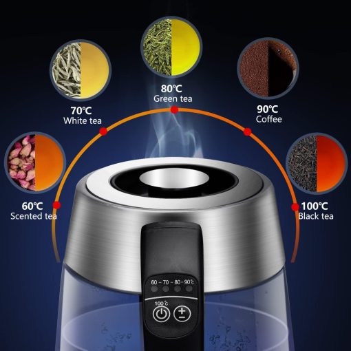 Aigostar Cris - Bouilloire en verre Température Réglable 2200W, 1.7L. Thermostat Réglable (60 à 100oC) et fonction maintien au chaud, Filtre à thé amovible, éclairage LED de couleurs, Sans BPA. - Image 3