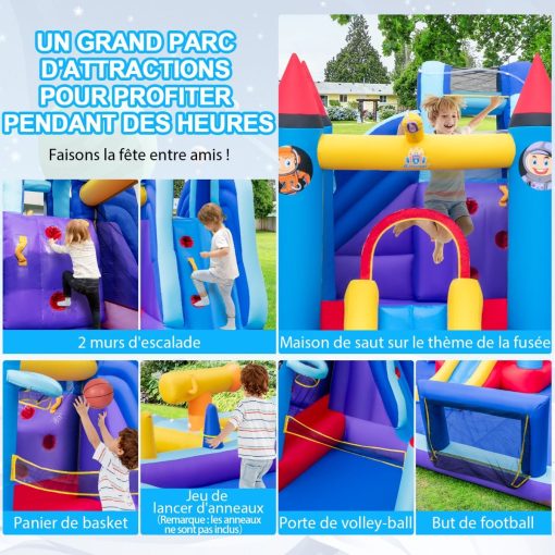 Chateau Gonflable à Toboggans Aquatiques Thème de La Fusée pour Enfants Piscine Zone de Saut Pistolet à Eau Escalade Souffleur de 850 W Multicolore - Image 8