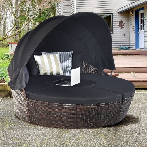 Lit de Jardin Rond d'Exterieur Table Relevable Modulable & Convertible - Pare Soleil Réglable rotin PE Coussins Inclus  Noir - Image 4
