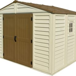 Duramax WoodBridge Plus 10 x 8 (7.64 m2) Abri de jardin en plastique avec 1 fenêtre fixe et kit de fondation en métal, structure de toit en métal robuste et abri de jardin sans entretien - Ivory/Brown