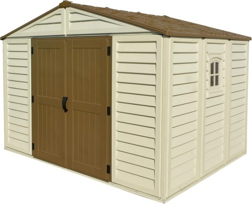 Duramax WoodBridge Plus 10 x 8 (7.64 m2) Abri de jardin en plastique avec 1 fenêtre fixe et kit de fondation en métal, structure de toit en métal robuste et abri de jardin sans entretien - Ivory/Brown