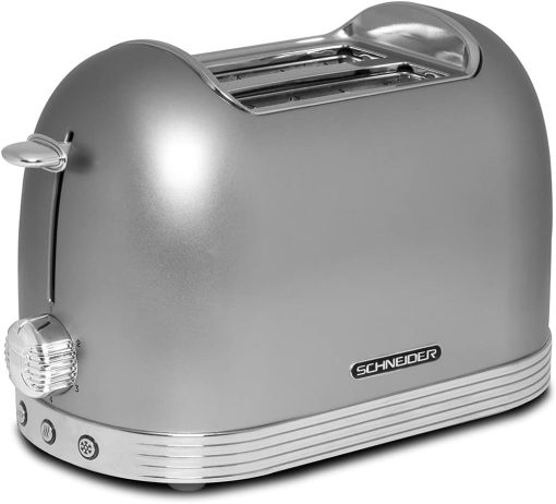 SCHNEIDER SCTO2S, Grille pain Vintage , 2 Fentes , Fonction décongélation , Arrêt automatique , Puissance (815W) , Tiroir ramasse miettes , Silver