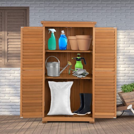 Abri de Jardin En Bois 160 Cm Toit en Asphalte 2 Portes Verrouillables avec Loquet Armoire Cabane en Sapin Pré-Huilé Imperméable 3 étagères Amovibles Naturel - Image 3