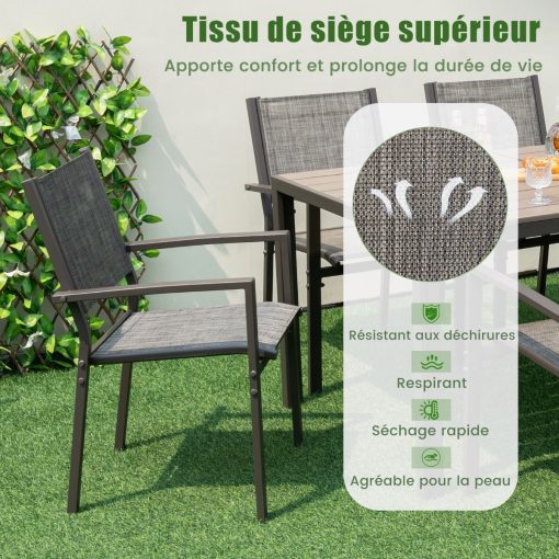 Ensemble de Meubles de Patio 7 Pièces pour 6 Personnes Salon de Jardin avec 6 Chaises Empilables et Table Rectangulaire Gris - Image 6