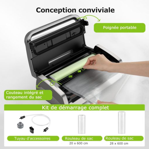 Bonsenkitchen Powerful and Quiet Food Vacuum Sealer with Globefish Technology for Continuous Work, Locked Handle Design, Integrated Cutter, 2 Rolls of Bags Included - Image 8