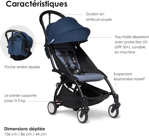 Poussette BABYZEN YOYO2 6+ (Cadre noir + pack couleur Aqua) - Comprend un harnais, un dossier, des arceaux de capote, une bandoulière, un coussin d’assise, et une capote assortie - Image 15