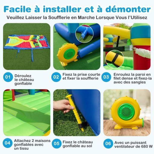 Chateau Gonflable pour 4 Enfants avec 2 Toboggans Tunnels Zone de Rebond Escalade Obstacles Maison de Jeu avec Souffleur de 680 W - Image 7