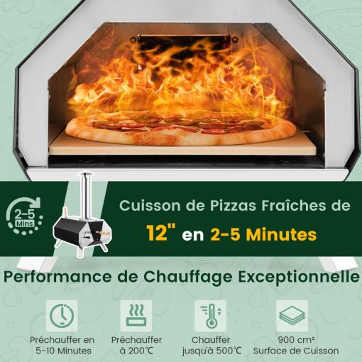 Four à Pizza Extérieur en Acier Inoxydable avec Pierre à Pizza de 30,5cm Four à Bois pour Pizza avec Pelle Pare-feu Pieds Pliables - Image 8