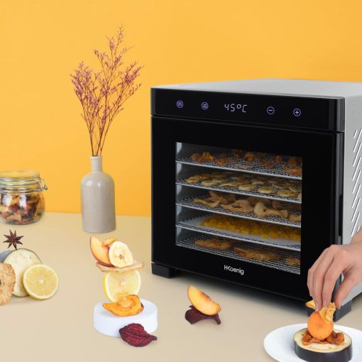 H.Koenig Déshydrateur Alimentaire de nourriture DSY900, pour Fruits, Légumes, Herbes, 6 Plateaux à Séchage amovibles, Thermostat variable de 35° à 70°C, Ecran LCD tactile, 650 W - Image 6
