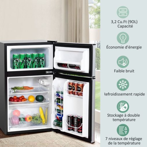 Réfrigérateur Compact Mini-réfrigérateur 90 L Congélateur Séparé avec Design à 2 Portes Fonctionnement Silencieux Blanc/Gris/Noir - Image 13