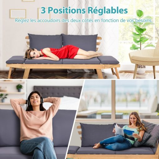 Chaise Longue Convertible avec Coussin Canapé de Jardin 2 en 1 en Bois d’Acacia avec Accoudoir Réglable pour Patio Piscine Jardin Blanc/Gris/Bleu/Rouge - Image 31