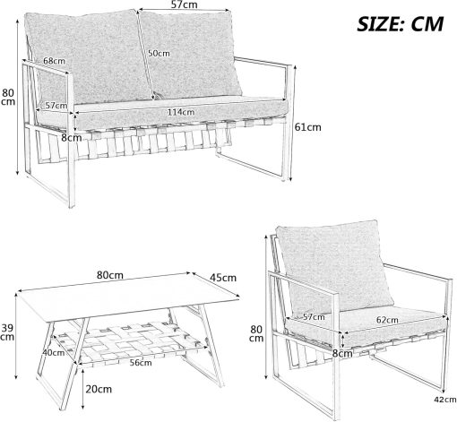 Zepneiy Salon de Jardin, Salon de Jardin 4 Personnes, avec canapé, Table Basse et Coussins, Housse en Tissu déhoussable et Lavable, Noir (Coussins d'assise Inclus) - Image 21