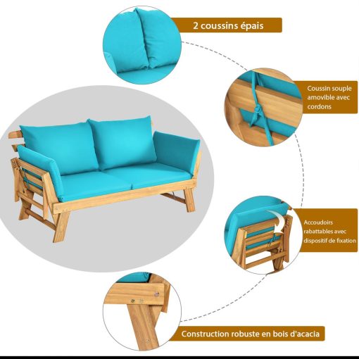 Chaise Longue Convertible avec Coussin Canapé de Jardin 2 en 1 en Bois d’Acacia avec Accoudoir Réglable pour Patio Piscine Jardin Blanc/Gris/Bleu/Rouge - Image 22
