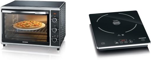 SEVERIN Mini-Four à chaleur tournante 42 L avec pierre à pizza et tournebroche, Four posable 1 800 W design élégant, électrique avec minuteur 120 min, Noir/Inox, TO 2058 - Image 4