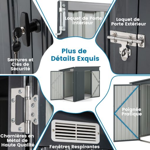 Abri de Jardin Extérieur Abri à Outils de Jardin avec 2 Portes Design Incliné Aérations Cadre en Métal Galvanisé 235x117x185cm Gris Foncé - Image 3