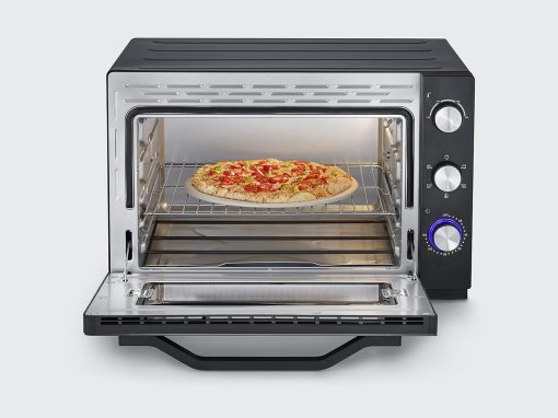 SEVERIN Mini-Four à chaleur tournante 42 L avec pierre à pizza et tournebroche, Four posable 1 800 W design élégant, électrique avec minuteur 120 min, Noir/Inox, TO 2058 - Image 9