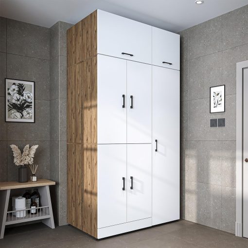 ROOMART Dora - Armoire de machine à laver - Pour sèche-linge et machine à laver - En 4 couleurs - Avec portes et panneau coulissant - Blanc - Chêne blanc - Chêne anthracite - Chêne blanc (chêne blanc) - Image 9