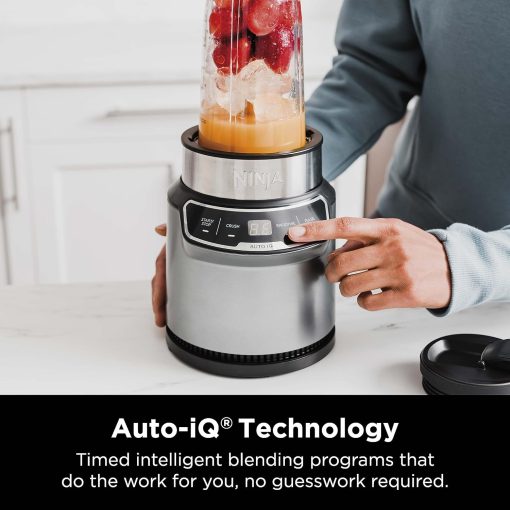 Ninja BN401 Nutri Pro Compact Personal Blender, Auto-iQ Technology, 1100-Peak-Watts, for Frozen Drinks, Smoothies, Sauces & More, with (2) 24-oz. To-Go Cups & Spout Lids, Cloud Silver - Image 2