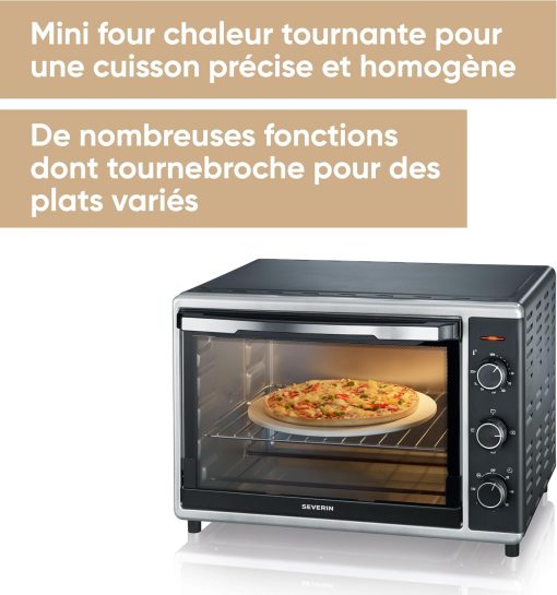 SEVERIN Mini-Four à chaleur tournante 42 L avec pierre à pizza et tournebroche, Four posable 1 800 W design élégant, électrique avec minuteur 120 min, Noir/Inox, TO 2058 - Image 11