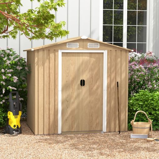 Abri de Jardin 2.3㎡ en Acier Galvanisé Anti-UV 196x142x186cm Cabane de Jardin Exterieur 3.7m3 avec Porte Coulissante Rampe Naturel - Image 3
